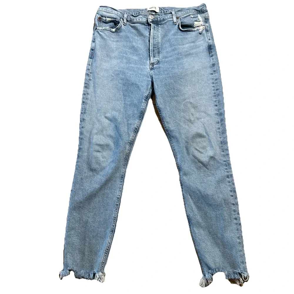 Agolde Nico Hi Rise‎ Slim Women's 31 Distressed Button Fly Jeans Raw Hem